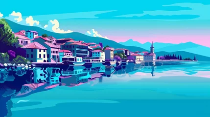 Poster vibrant illustrated scene of a tranquil mountain lake village at dawn © pier