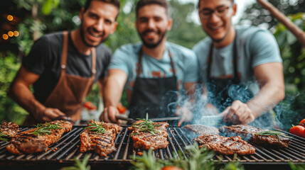 Three young men in aprons grilling steaks on the grill, blurred background of nature, happy and smiling faces, delicious food, outdoor party concep - obrazy, fototapety, plakaty