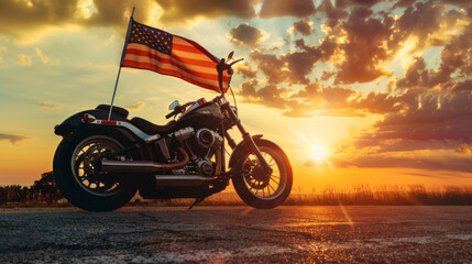 american flag on the back of a Harley Davidson motorcycle at bright sunset, dark clouds in the background - obrazy, fototapety, plakaty
