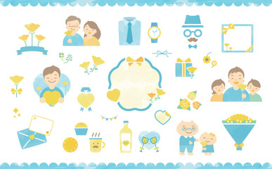 家族やバラのお花・プレゼントギフト素材をセットにした父の日のかわいいシンプルなイラストとフレーム_水彩手書き