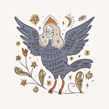 Whimsical alkonost syrin folk slavic mythology bird woman character. Fairytale vector illustration, hand-drawn magic boho esoteric fairy book illustration clipart art