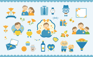 家族やバラのお花・プレゼントギフト素材をセットにした父の日のかわいいシンプルなイラスト_お父さん人物メイン