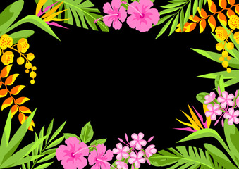 Background with tropical flowers. Decorative exotic foliage and plants. - 767723281