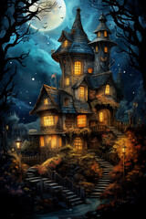 Fototapeta na wymiar Illustration of a fairytale house with a lot of details. Tales of European peoples. Halloween. Generative AI tools