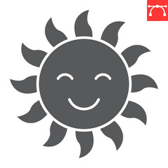 Sun character glyph icon, summer and weather, happy sun vector icon, vector graphics, editable stroke solid sign, eps 10.