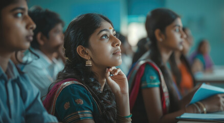 Indian female student sitting in the back row, listening to her teacher and taking notes on their notepads during class at university where other students sit in front with green desks - obrazy, fototapety, plakaty