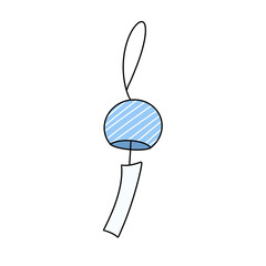 A blue and white bell hanging from a string