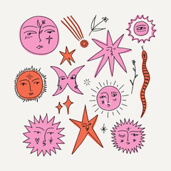 Funny groovy whimsical cute stylish freaky cool funny doodle stellar characters. Hand-drawn set of crescent moon, sun, comets and snake. Cartoon poster abstraction collection art