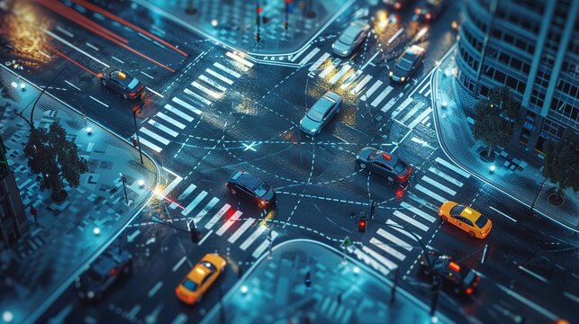 Autonomous cars using V2X for intersection navigation, topdown view, clear weather, detailed urban setting, realtime sync , high resolution