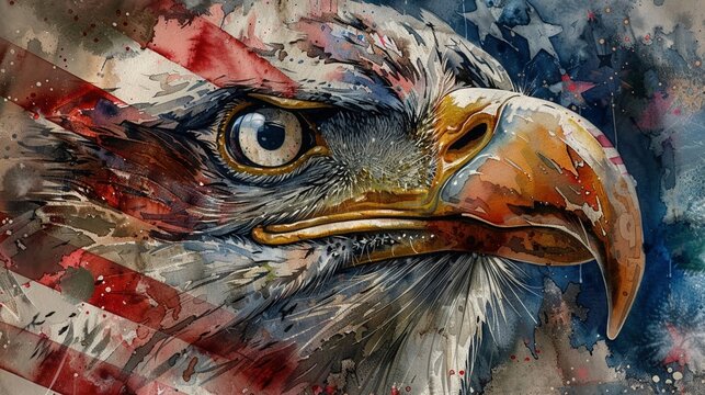Bold eagle tear, American flag reflection in eye, Memorial Day, watercolor, close focus , digital photography