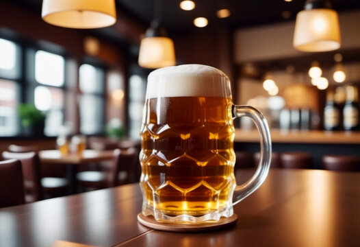 Beer Glass Mug With Handle With Light Yellow Beer With Foam. Beer on the table in a cafe, bokeh effect, tilt-shift photo. A picture for advertising alcoholic beverages. AI Generated. Beer pub