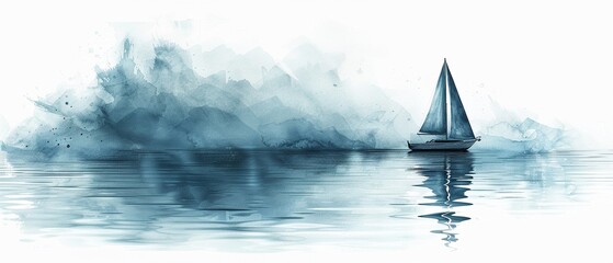 A minimalist artwork focusing on a single sailboat gliding on calm waters, its sails catching the gentle summer breeze, rendered in soft watercolors against a white background to evoke the simplicity  - obrazy, fototapety, plakaty