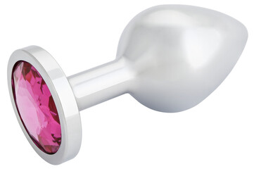 Stainless steel anal butt plug with a pink crystal isolated on a transparent background. Completely...