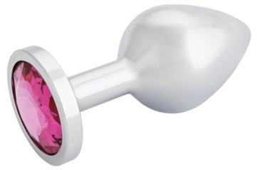Stainless steel anal butt plug with a pink crystal isolated on a transparent background. Completely in focus.