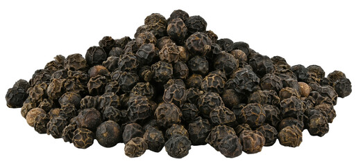 Handful of black pepper seeds isolated on a transparent background. Completely in focus.
