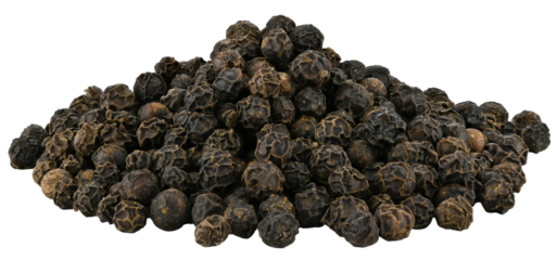 Handful of black pepper seeds isolated on a transparent background. Completely in focus.
