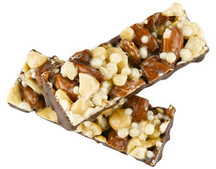 Granola nut bars in chocolate glaze isolated on a transparent background. Completely in focus. Top view.