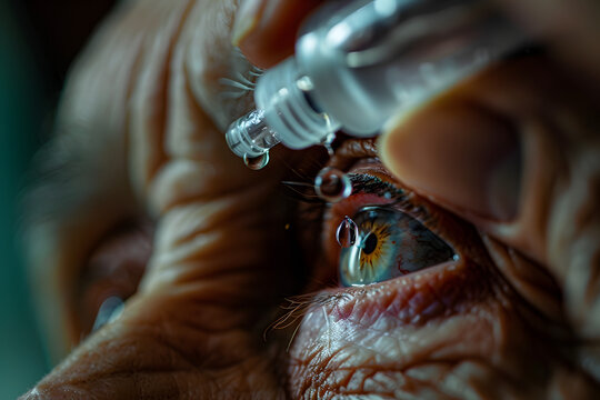A close-up photo capturing the moment eye drops are administered to an elderly person