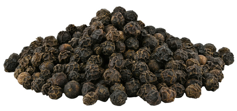 Handful of black pepper seeds isolated on a transparent background. Completely in focus.