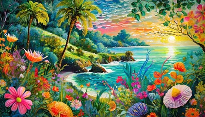 a whimsical and imaginative nature poster wall art depicting a magical coastal landscape inhabited by fantastical creatures and vibrant flora. Use bold colors and fantastical elements to create a sens - obrazy, fototapety, plakaty