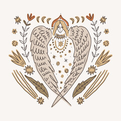 Whimsical alkonost syrin folk slavic mythology bird woman character. Fairytale vector illustration, hand-drawn magic boho esoteric fairy book illustration clipart art