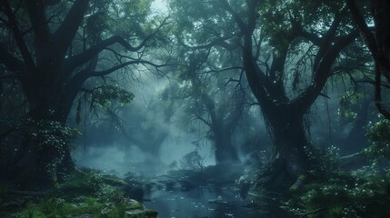 A mystical forest shrouded in mist, where ancient trees twist and intertwine, creating hidden pathways that lead to secret glades and forgotten ruins. 

 - obrazy, fototapety, plakaty