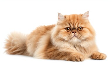 A fluffy Persian cat lies comfortably, its soft fur and adorable features beautifully isolated against a white background.