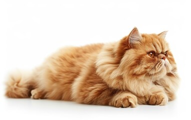 Adorable and beautiful red fluffy Persian cat lies isolated on a white background.