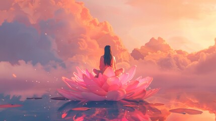 Woman seated on pink lotus flower in pond amidst natural landscape