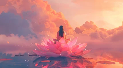 Foto auf Alu-Dibond Koralle Woman seated on pink lotus flower in pond amidst natural landscape