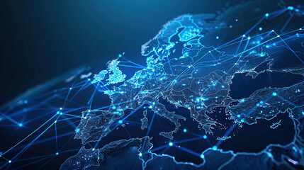 Abstract digital map of Western Europe, concept of European global network and connectivity, data transfer and cyber technology, information exchange and telecommunication. Digital maps for business