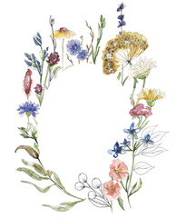 Watercolor wildflowers and grass wreath illustration, meadow flowers frame clipart - 767726098