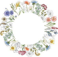 Watercolor wildflowers and grass wreath illustration, meadow flowers frame clipart - 767726278