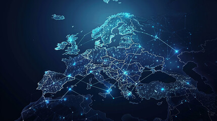 Abstract digital map of Western Europe, concept of European global network and connectivity, data transfer and cyber technology, information exchange and telecommunication. Digital maps for business - obrazy, fototapety, plakaty