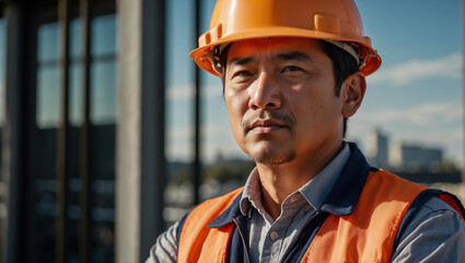 Asiatischer Bauingenieur mit Helm und Warnweste im Porträt auf Hochbaustelle - obrazy, fototapety, plakaty