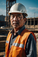 Fototapeta premium Chinesischer Bauarbeiter in Arbeitskleidung auf einer aktiven Baustelle