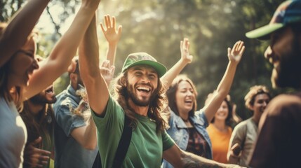A group of people are celebrating and one man is wearing a green shirt - obrazy, fototapety, plakaty