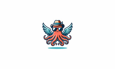 octopus wearing sun glass and hat with wings vector mascot design