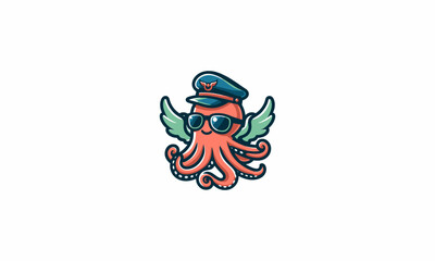 octopus wearing sun glass and hat with wings vector mascot design