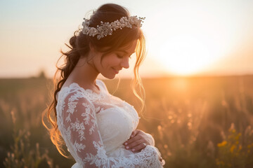 A happy pregnant woman in a wedding dress gracefully stands in the middle of a huge field. Side view of the bride holding her belly - obrazy, fototapety, plakaty