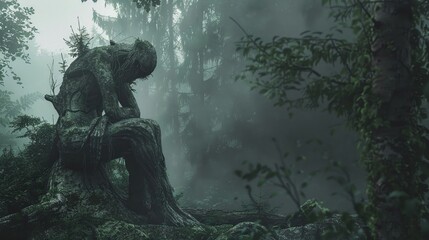 Cryptid sculpture in forest, misty morning, close-up, mysterious,  - obrazy, fototapety, plakaty