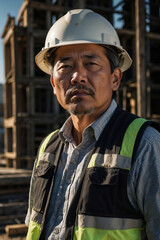 Erfahrener Bauleiter aus Asien mit Schutzhelm auf Baustelle im Abendlicht