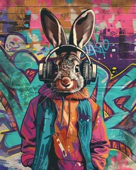 Hip-hop bunny with headphones, graffiti background, vibrant, street style, 