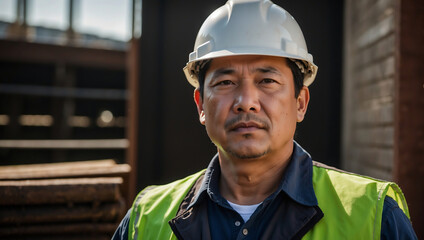 Erfahrener chinesischer Bauarbeiter mit Helm vor Industriekulisse – Professionelles Arbeitsporträt - obrazy, fototapety, plakaty