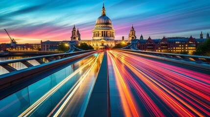 A modern urban highway illuminated by the colorful lights of a city skyline