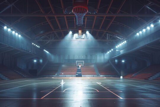 Empty basketball arena stadium sports ground with flashlights and fan sits