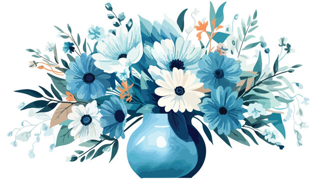 Turquoise Vase Of Flowers Watercolor Flat vector 