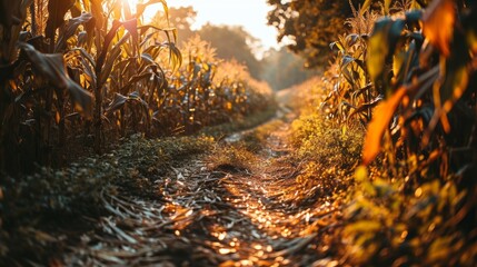 Beautiful morning in forest sun lights plants and fern branches