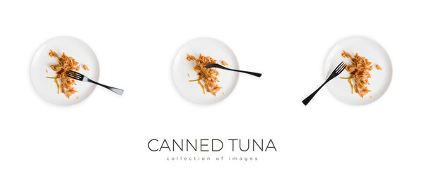 Canned Tuna Isolated, Albacore Fish Chunks in Open Tin Can, Tuna Oil Preserve, Seafood Conserve on White Background