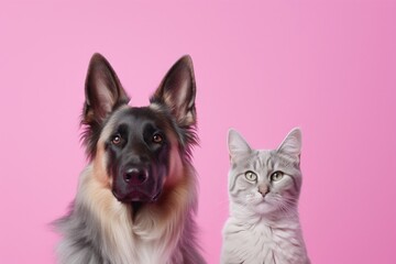 Close up portrait of a funny little dog and a cat looking at the camera on a pink background.